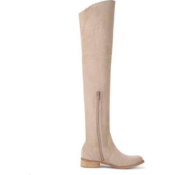 Women Khaki Faux Suede Over The Knee Thigh High Low Block Heel Pointed Toe Boot - Picture 3 of 6